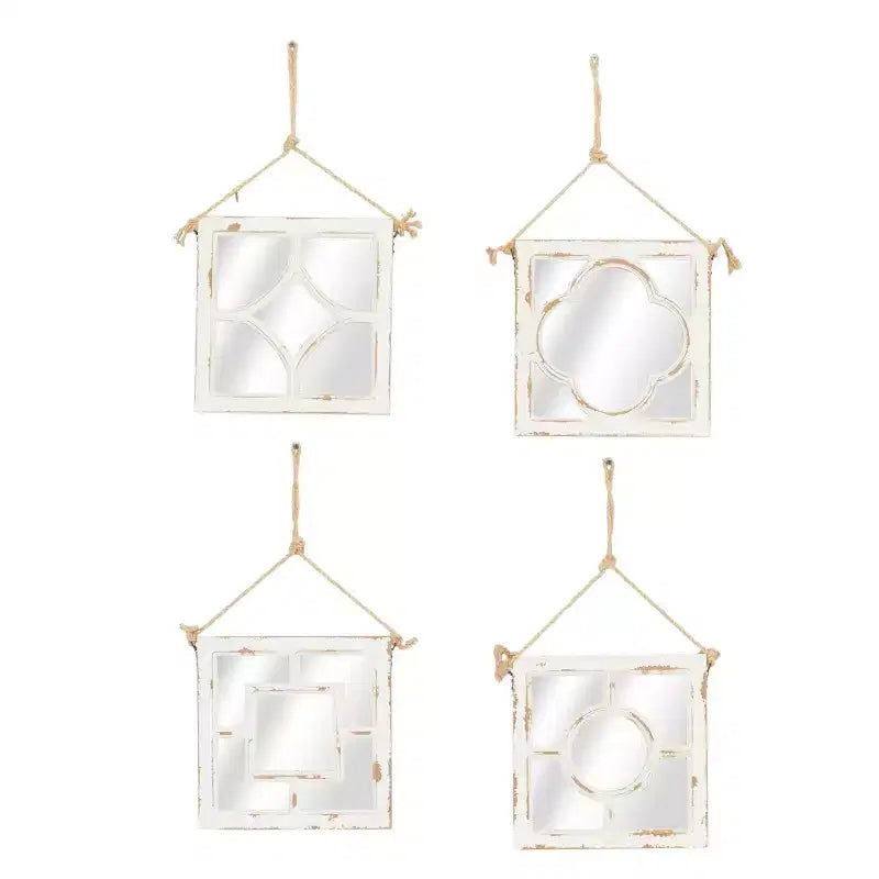 Wood Carved Designs Wall Mirror with Rope Hanger Set of 4 White - Olivia & May