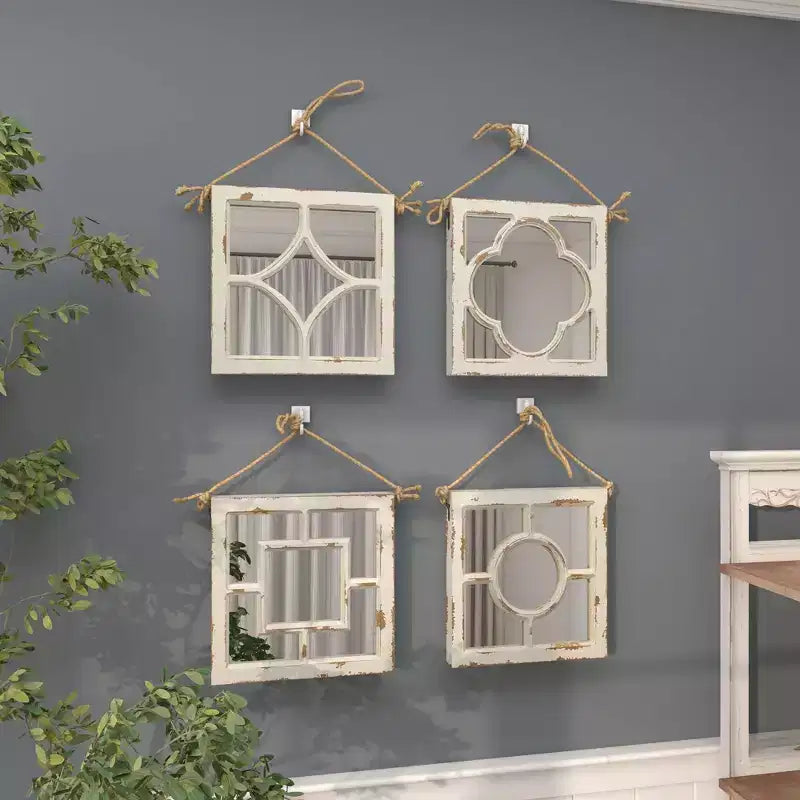 Lot de 4 miroirs muraux en bois sculpté avec corde de suspension blancs