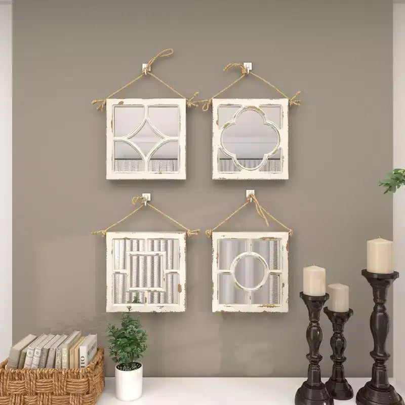 Lot de 4 miroirs muraux en bois sculpté avec corde de suspension blancs