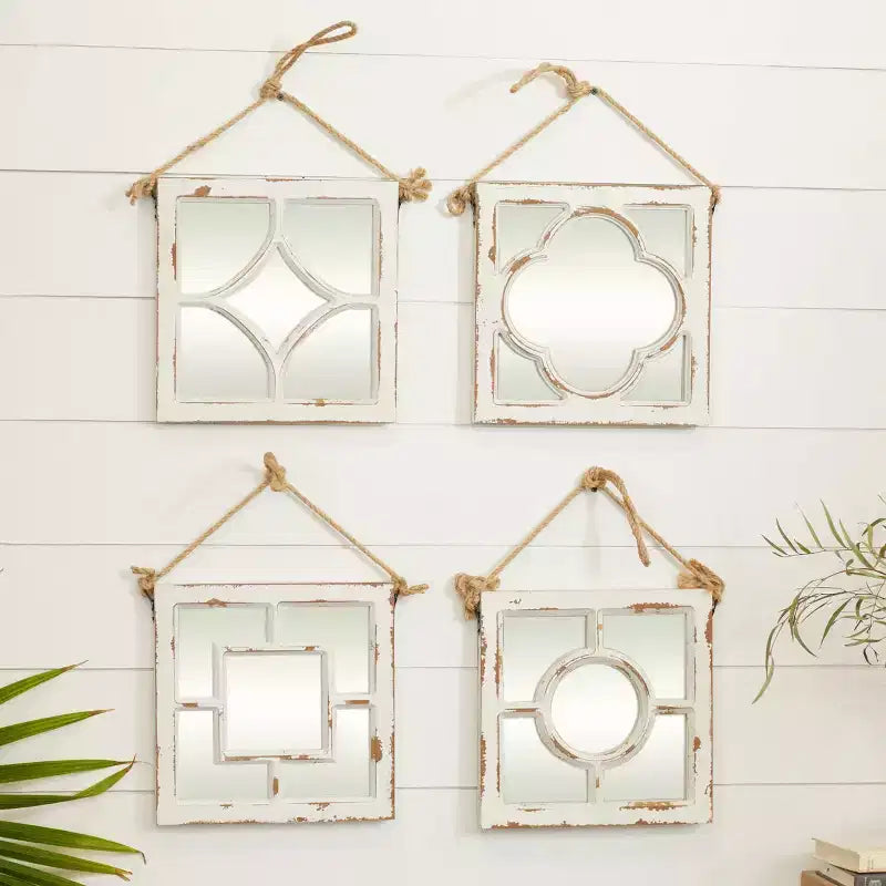 Lot de 4 miroirs muraux en bois sculpté avec corde de suspension blancs