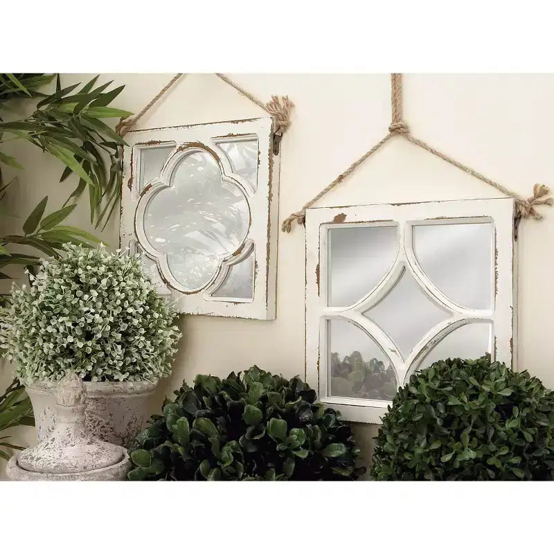 Lot de 4 miroirs muraux en bois sculpté avec corde de suspension blancs