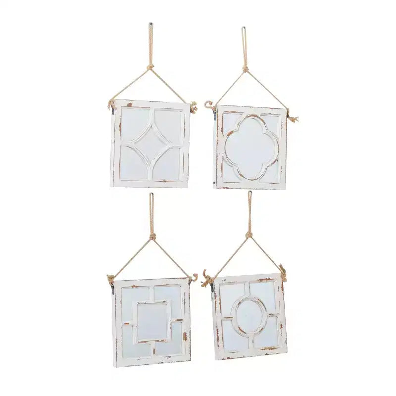Lot de 4 miroirs muraux en bois sculpté avec corde de suspension blancs