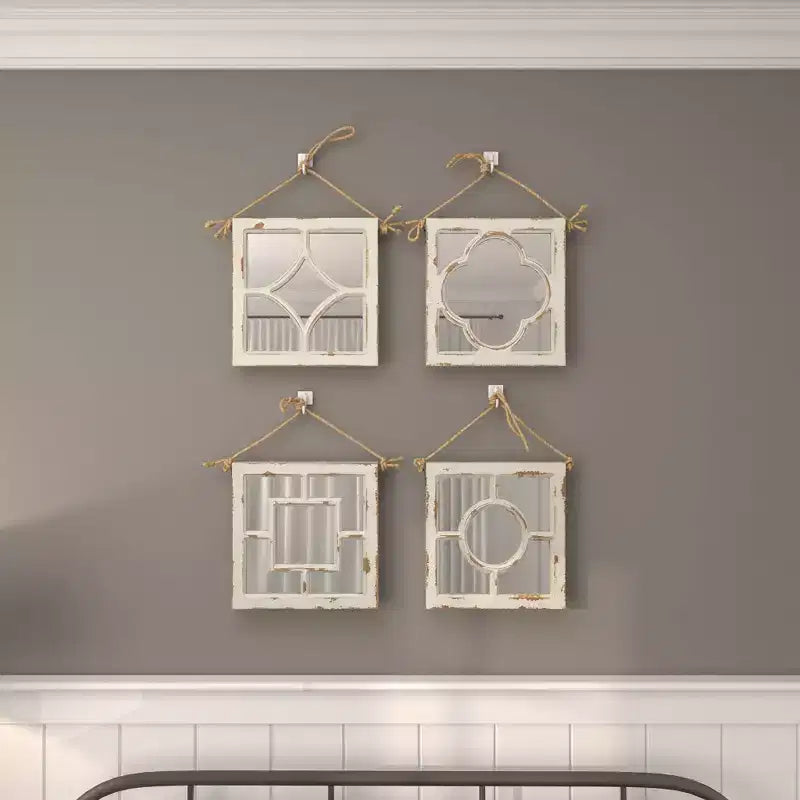 Lot de 4 miroirs muraux en bois sculpté avec corde de suspension blancs