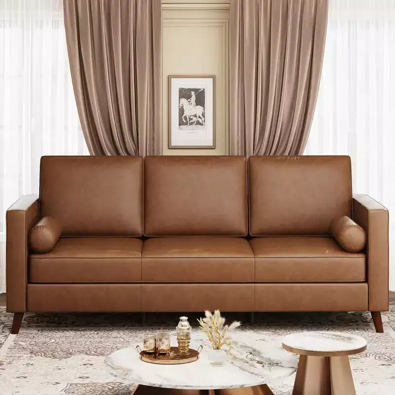 Canapé en cuir 81 pour salon, canapé moderne du milieu du siècle avec sièges profonds, canapé en similicuir marron, canapé 3 places avec housse amovible pour appartement