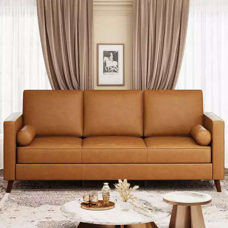 Canapé en cuir 81 pour salon, canapé moderne du milieu du siècle avec sièges profonds, canapé en similicuir marron, canapé 3 places avec housse amovible pour appartement