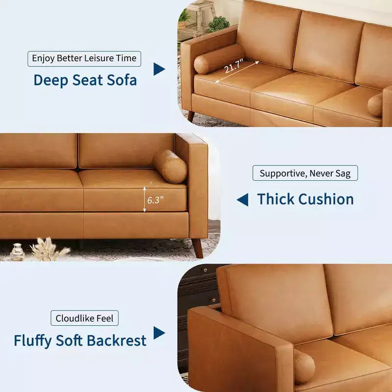 Canapé en cuir 81 pour salon, canapé moderne du milieu du siècle avec sièges profonds, canapé en similicuir marron, canapé 3 places avec housse amovible pour appartement