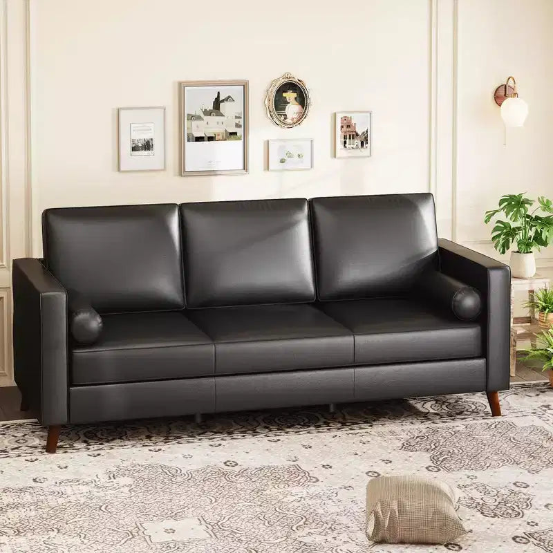 Canapé en cuir 81 pour salon, canapé moderne du milieu du siècle avec sièges profonds, canapé en similicuir marron, canapé 3 places avec housse amovible pour appartement