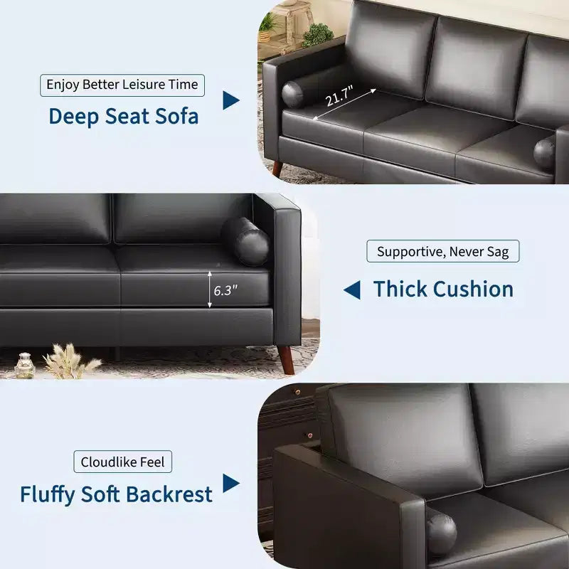 Canapé en cuir 81 pour salon, canapé moderne du milieu du siècle avec sièges profonds, canapé en similicuir marron, canapé 3 places avec housse amovible pour appartement