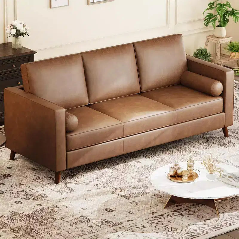 Canapé en cuir 81 pour salon, canapé moderne du milieu du siècle avec sièges profonds, canapé en similicuir marron, canapé 3 places avec housse amovible pour appartement
