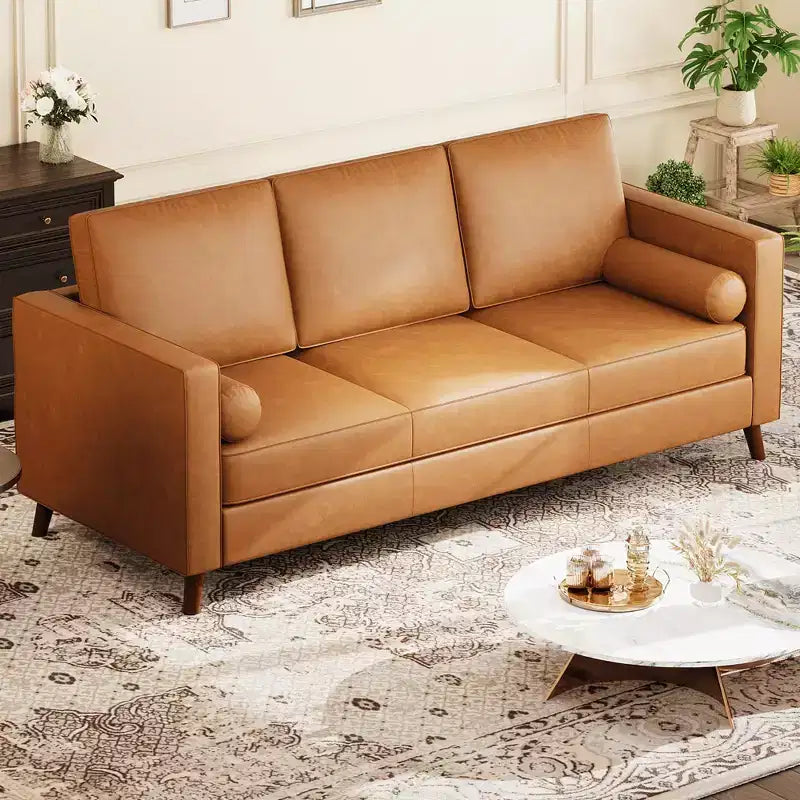 Canapé en cuir 81 pour salon, canapé moderne du milieu du siècle avec sièges profonds, canapé en similicuir marron, canapé 3 places avec housse amovible pour appartement