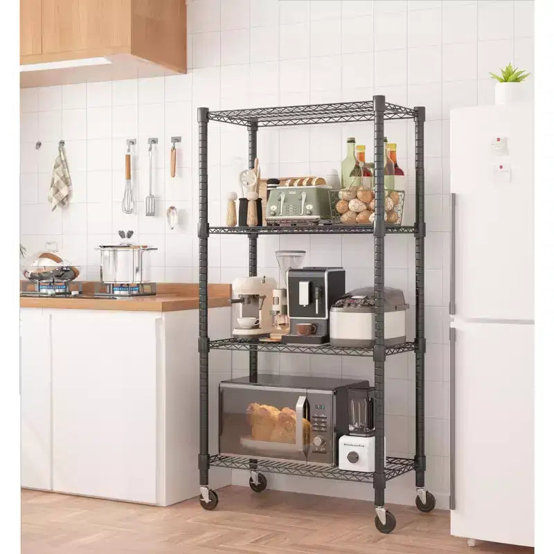 Étagère métallique 4 niveaux avec roulettes 30L x 14P x 72H Capacité 1200LBS, étagères de rangement en métal robustes et réglables, Noir