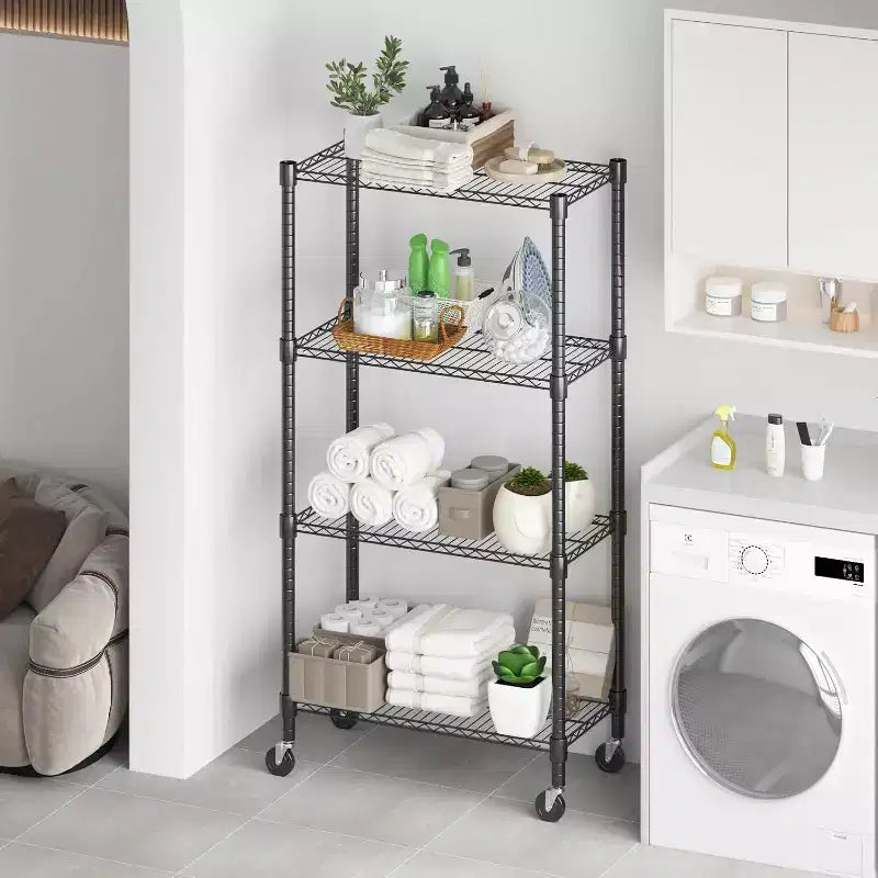 Étagère métallique 4 niveaux avec roulettes 30L x 14P x 72H Capacité 1200LBS, étagères de rangement en métal robustes et réglables, Noir