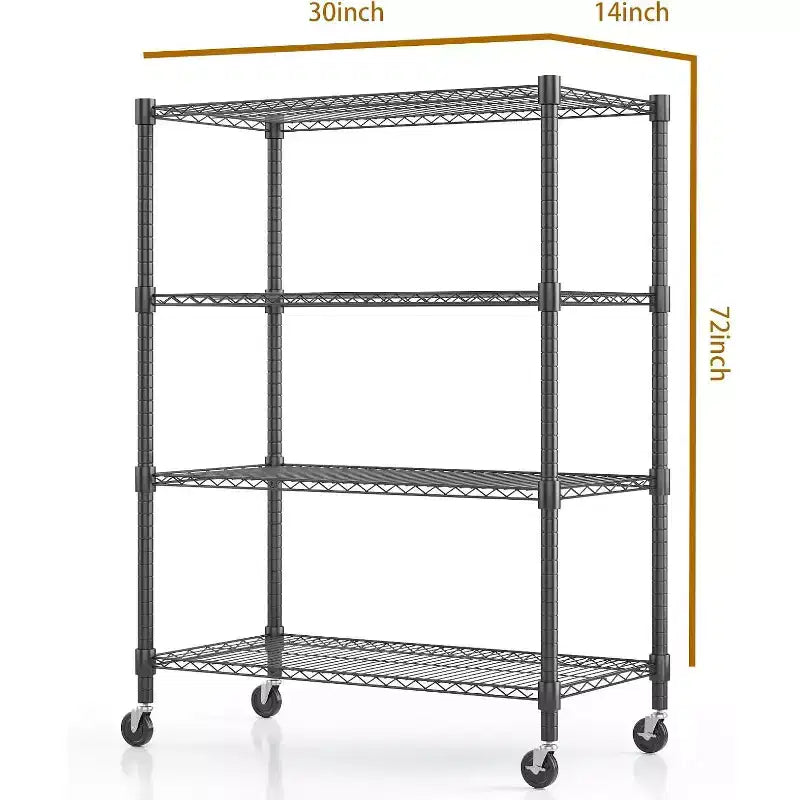 Étagère métallique 4 niveaux avec roulettes 30L x 14P x 72H Capacité 1200LBS, étagères de rangement en métal robustes et réglables, Noir