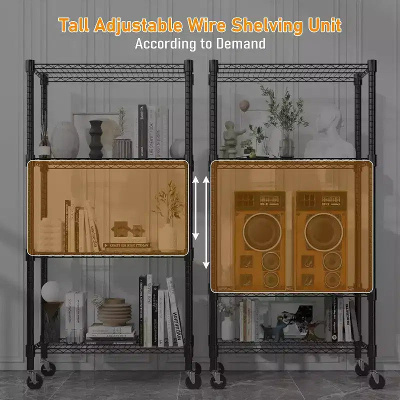 Étagère métallique 4 niveaux avec roulettes 30L x 14P x 72H Capacité 1200LBS, étagères de rangement en métal robustes et réglables, Noir