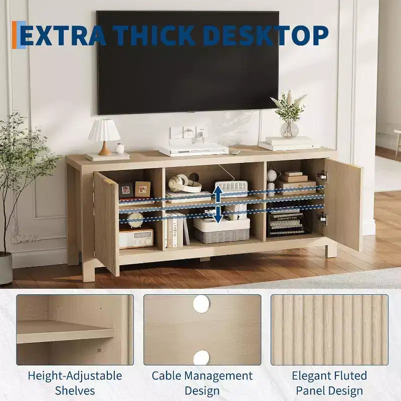Meuble TV Mid-Century Moderne avec Design Cannelé et Meubles de Rangement, Centre de Divertissement avec Étagères Ouvertes pour Salon