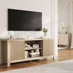 Meuble TV Mid-Century Moderne avec Design Cannelé et Meubles de Rangement, Centre de Divertissement avec Étagères Ouvertes pour Salon