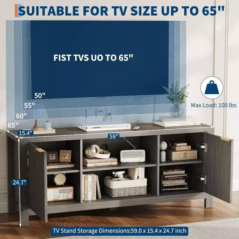 Meuble TV Mid-Century Moderne avec Design Cannelé et Meubles de Rangement, Centre de Divertissement avec Étagères Ouvertes pour Salon