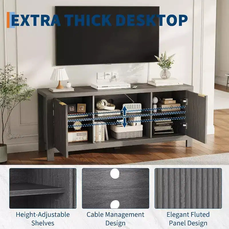Meuble TV Mid-Century Moderne avec Design Cannelé et Meubles de Rangement, Centre de Divertissement avec Étagères Ouvertes pour Salon