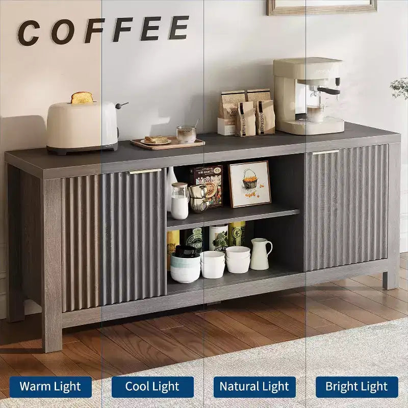 Meuble TV Mid-Century Moderne avec Design Cannelé et Meubles de Rangement, Centre de Divertissement avec Étagères Ouvertes pour Salon