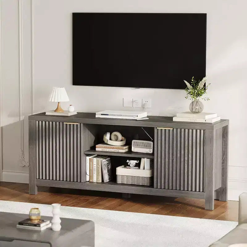 Meuble TV Mid-Century Moderne avec Design Cannelé et Meubles de Rangement, Centre de Divertissement avec Étagères Ouvertes pour Salon