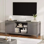 Meuble TV Mid-Century Moderne avec Design Cannelé et Meubles de Rangement, Centre de Divertissement avec Étagères Ouvertes pour Salon