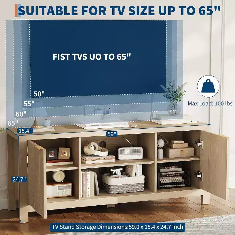 Meuble TV Mid-Century Moderne avec Design Cannelé et Meubles de Rangement, Centre de Divertissement avec Étagères Ouvertes pour Salon