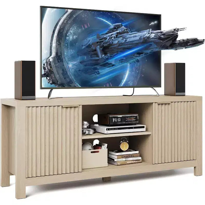 Meuble TV Mid-Century Moderne avec Design Cannelé et Meubles de Rangement, Centre de Divertissement avec Étagères Ouvertes pour Salon