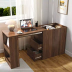 Okak 59.09IN Modern Standing Desk with Drawers, Corner Desk with Extendable Table, Adjustable Desk for Living Room, Study, Office, Walnut