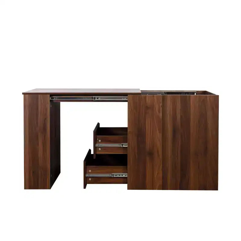 59.09IN Bureau Debout Moderne avec Tiroirs, Bureau d'Angle avec Table Extensible, Bureau Réglable pour Salon, Bureau, Étude, Noyer