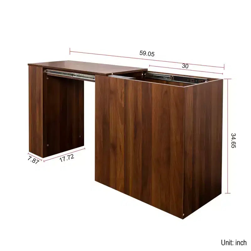 59.09IN Bureau Debout Moderne avec Tiroirs, Bureau d'Angle avec Table Extensible, Bureau Réglable pour Salon, Bureau, Étude, Noyer