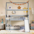 Twin Size House Bunk Bed with Slide, Kids Twin House Bed Frame with with Roof and Guardrails, Gray