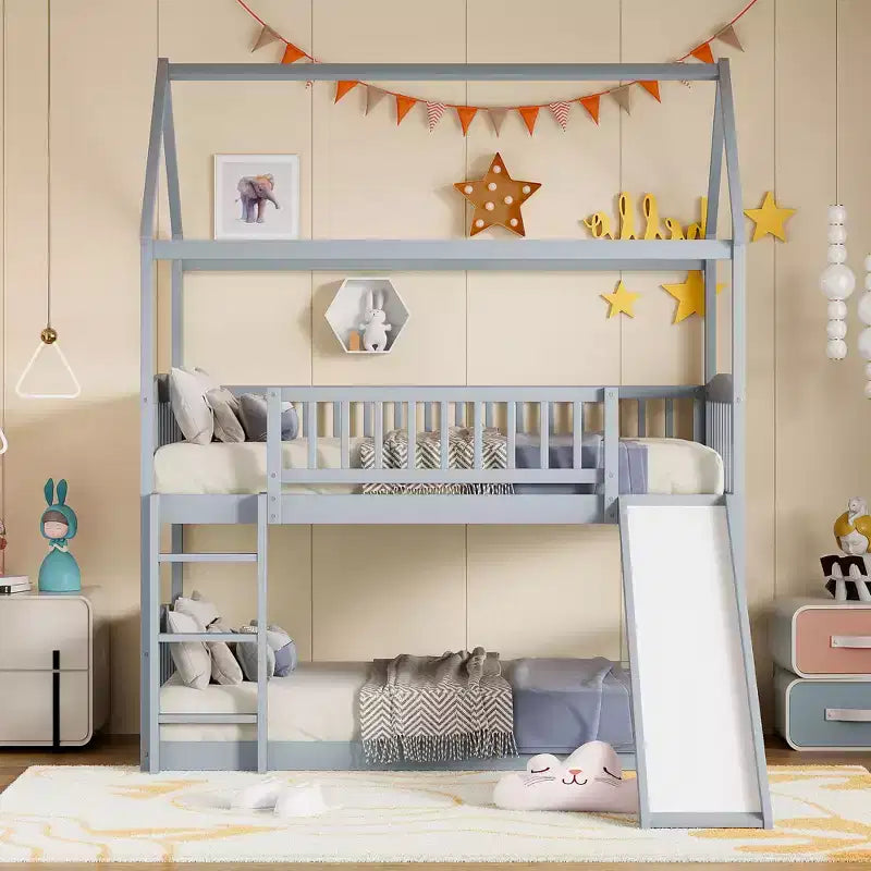 Twin Size House Bunk Bed with Slide, Kids Twin House Bed Frame with with Roof and Guardrails, Gray