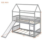 Lit superposé cabane double avec toboggan, cadre de lit cabane double pour enfants avec toit et barrières de sécurité, gris