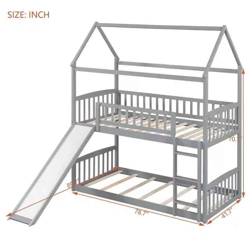 Lit superposé cabane double avec toboggan, cadre de lit cabane double pour enfants avec toit et barrières de sécurité, gris