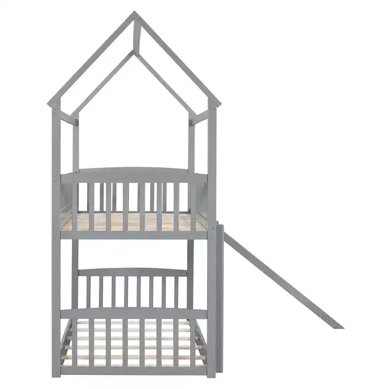 Lit superposé cabane double avec toboggan, cadre de lit cabane double pour enfants avec toit et barrières de sécurité, gris