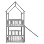 Lit superposé cabane double avec toboggan, cadre de lit cabane double pour enfants avec toit et barrières de sécurité, gris