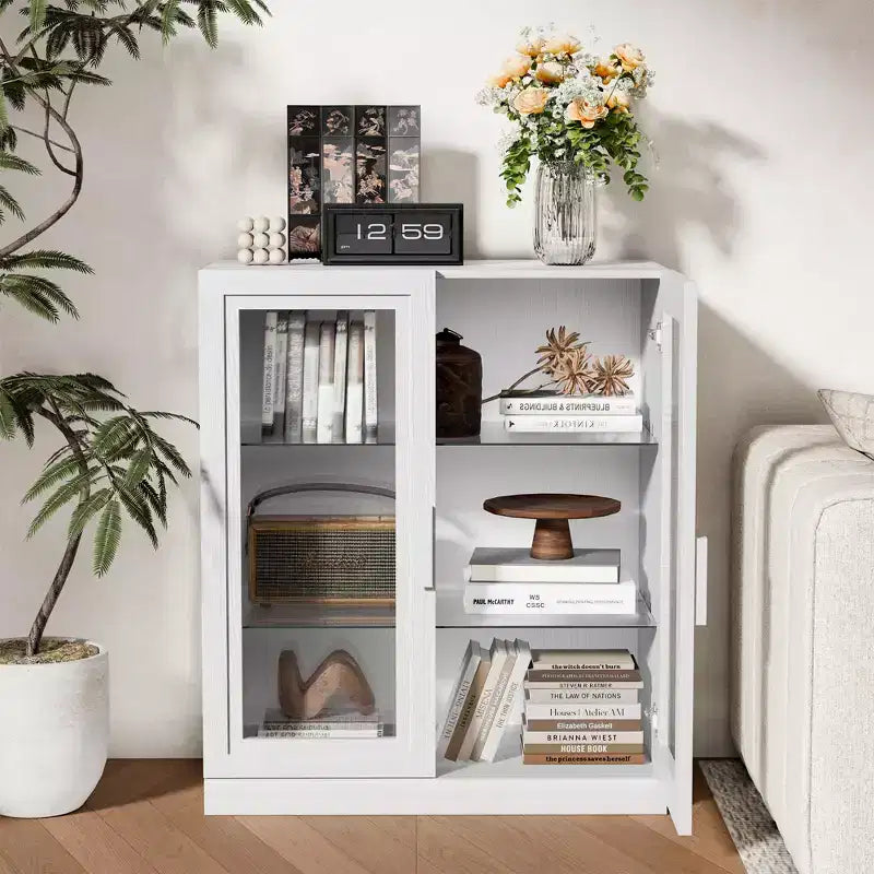 Armoire de rangement de 91 cm de haut effet grain de bois blanc, organisateur de rangement avec 2 portes vitrées pour chambre/salon/salle à manger
