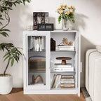 Armoire de rangement de 91 cm de haut effet grain de bois blanc, organisateur de rangement avec 2 portes vitrées pour chambre/salon/salle à manger
