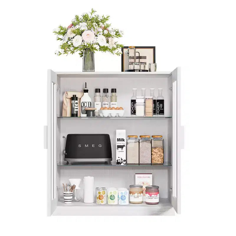 Armoire de rangement de 91 cm de haut effet grain de bois blanc, organisateur de rangement avec 2 portes vitrées pour chambre/salon/salle à manger