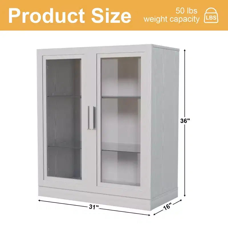 Armoire de rangement de 91 cm de haut effet grain de bois blanc, organisateur de rangement avec 2 portes vitrées pour chambre/salon/salle à manger