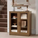 Armoire de rangement de 91 cm de haut effet grain de bois blanc, organisateur de rangement avec 2 portes vitrées pour chambre/salon/salle à manger