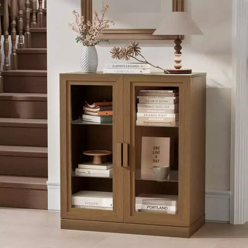 Armoire de rangement de 91 cm de haut effet grain de bois blanc, organisateur de rangement avec 2 portes vitrées pour chambre/salon/salle à manger