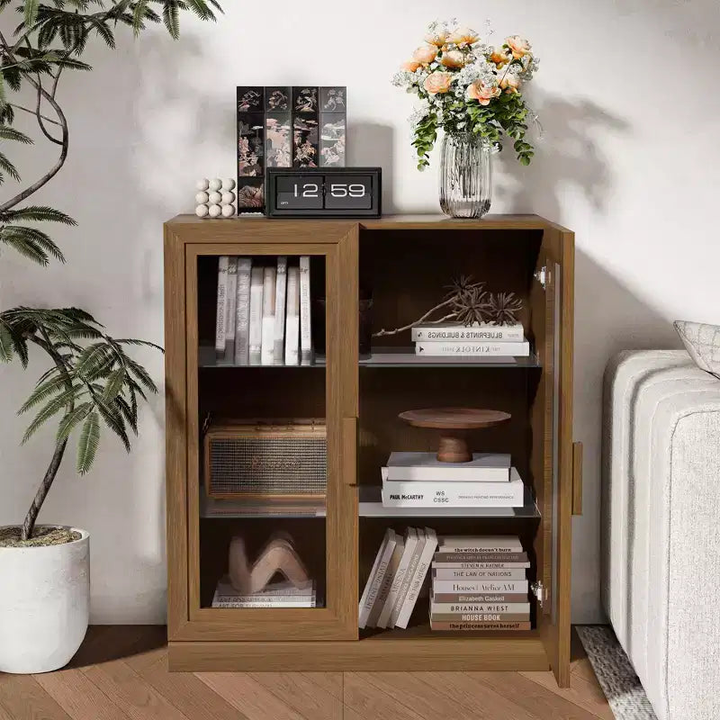 Armoire de rangement de 91 cm de haut effet grain de bois blanc, organisateur de rangement avec 2 portes vitrées pour chambre/salon/salle à manger