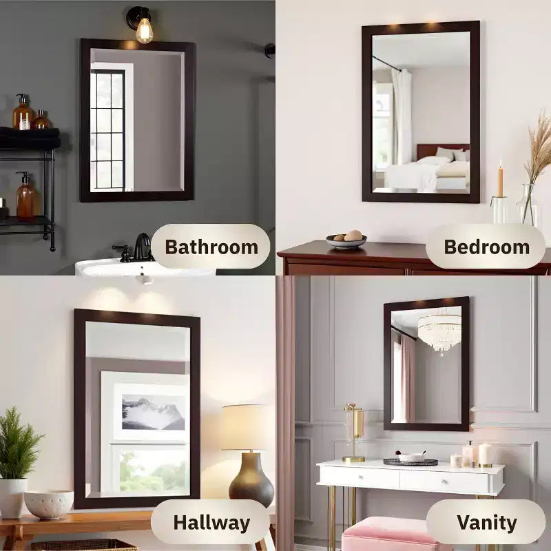Miroir de salle de bain 24x30 po. biseauté avec cadre en bois Espresso, miroir mural moderne pour lavabo de salle de bain ou entrée