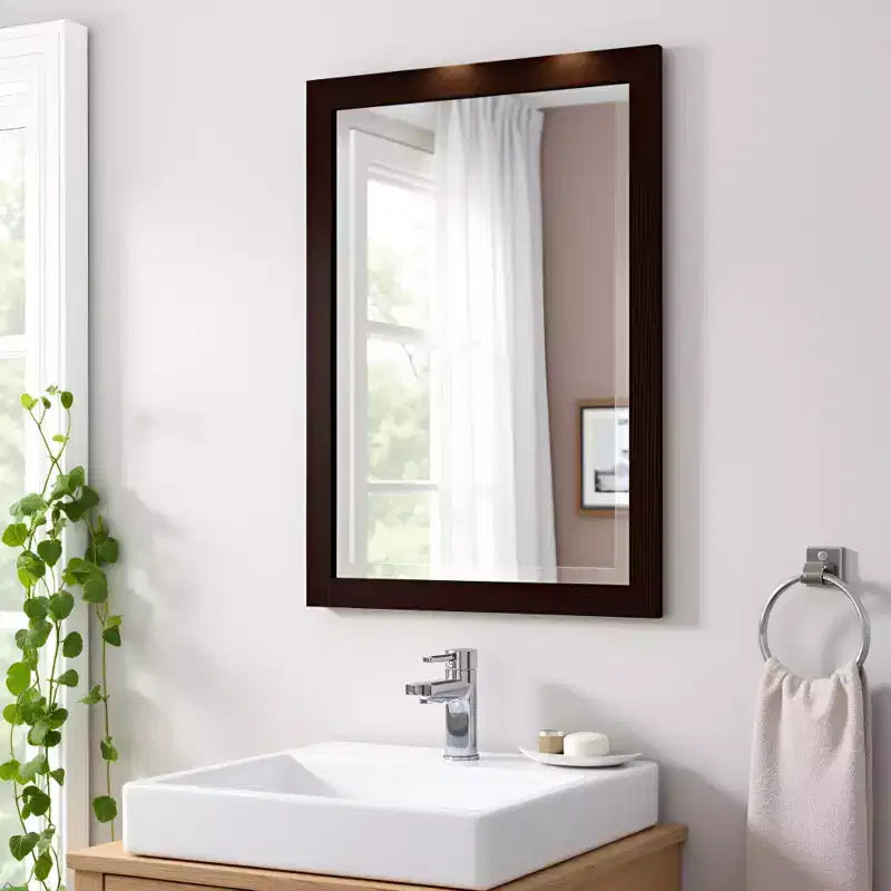 Miroir de salle de bain 24x30 po. biseauté avec cadre en bois Espresso, miroir mural moderne pour lavabo de salle de bain ou entrée