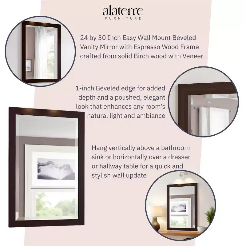 Miroir de salle de bain 24x30 po. biseauté avec cadre en bois Espresso, miroir mural moderne pour lavabo de salle de bain ou entrée