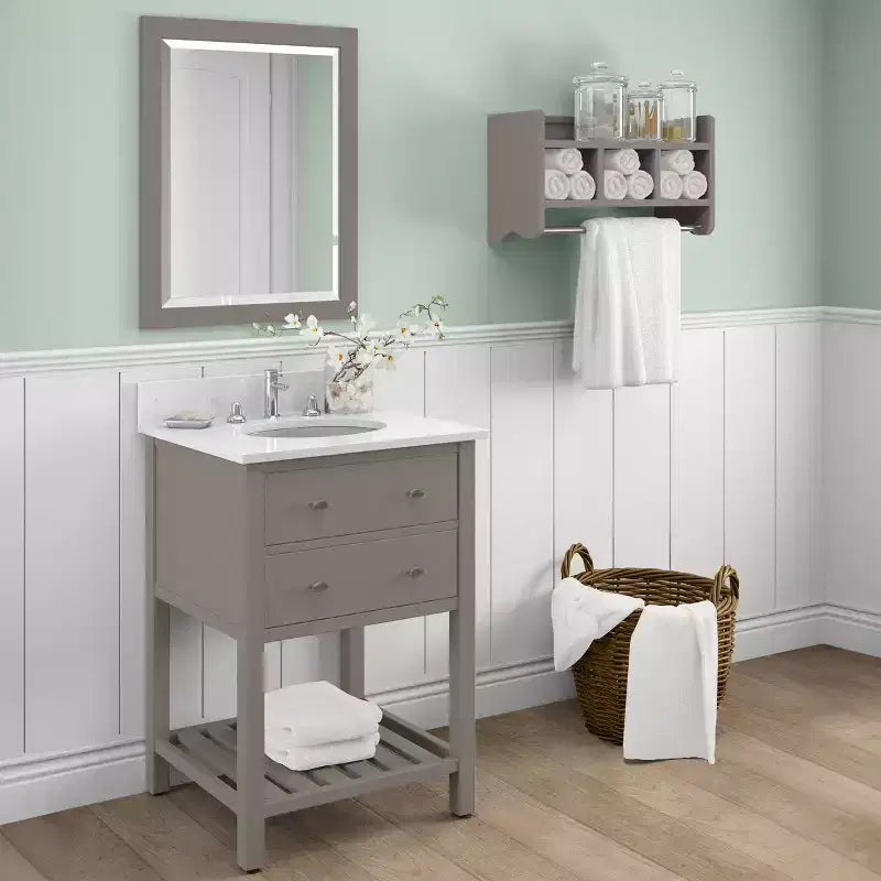 Miroir de salle de bain 24x30 po. biseauté avec cadre en bois Espresso, miroir mural moderne pour lavabo de salle de bain ou entrée