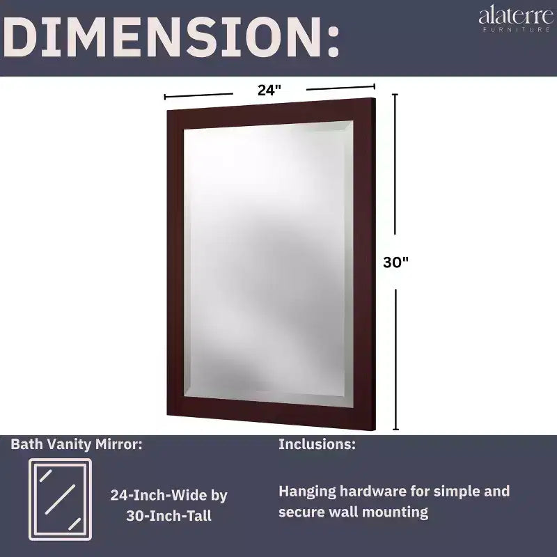 Miroir de salle de bain 24x30 po. biseauté avec cadre en bois Espresso, miroir mural moderne pour lavabo de salle de bain ou entrée
