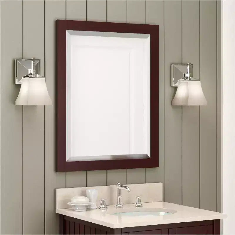 Miroir de salle de bain 24x30 po. biseauté avec cadre en bois Espresso, miroir mural moderne pour lavabo de salle de bain ou entrée