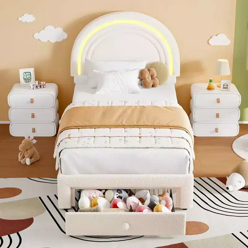 Cadre de lit double pour enfants avec LED - Tête de lit arc-en-ciel + Revêtement en polaire berbère, Structure de plateforme style princesse, Incluant 1 tiroir de rangement